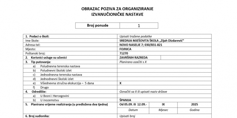 Javni poziv za prikupljanje ponuda za organizovanje višednevne školske ekskurzije